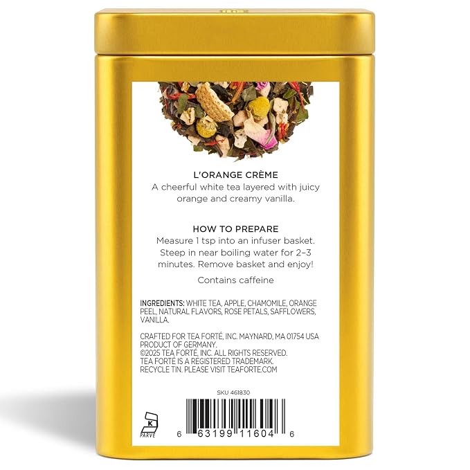 Tea Forte L'Orange Creme Premium Loose Leaf Caffeinated White Tea Blend Canister, Makes 35-50 Cups