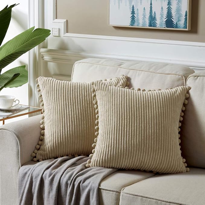 Fancy Homi 26x26 Pillow Covers Set of 2, Euro Pillow Covers with Pom-poms, Tan Big Throw Pillow Covers for Couch Bedroom 66x66 cm