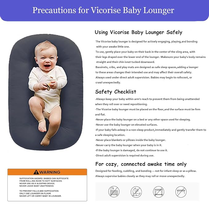 Baby Lounger 0-24 Months 100% Cotton-Snuggle Cozy Me Lounger,Soft & Breathable Baby Lounger for Newborn Play Mat,Infant Babies Essentials Gifts,Gray(Lounger Cover Included)