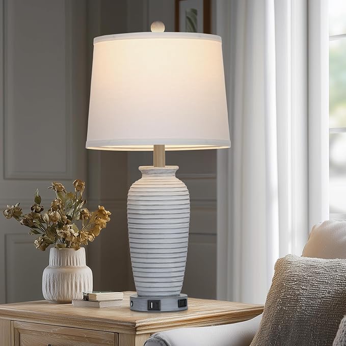 CINSARY 25" Vintage Farmhouse Jar Table Lamps, Single Rustic Bedside Lamp with USB A+C Ports & AC Outlet, Nightstand Lamps for Living Room, Bedroom, End Table, Grey White(LED Bulb Included)