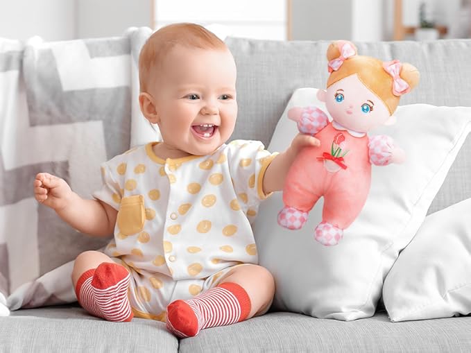 OUOZZZ Soft Baby Doll for Ages 3 and UP - Toys for Ages 3 and UP Birthday Christmas Plush Gift for Toddler Adorable First Doll Tulip Pink 10"