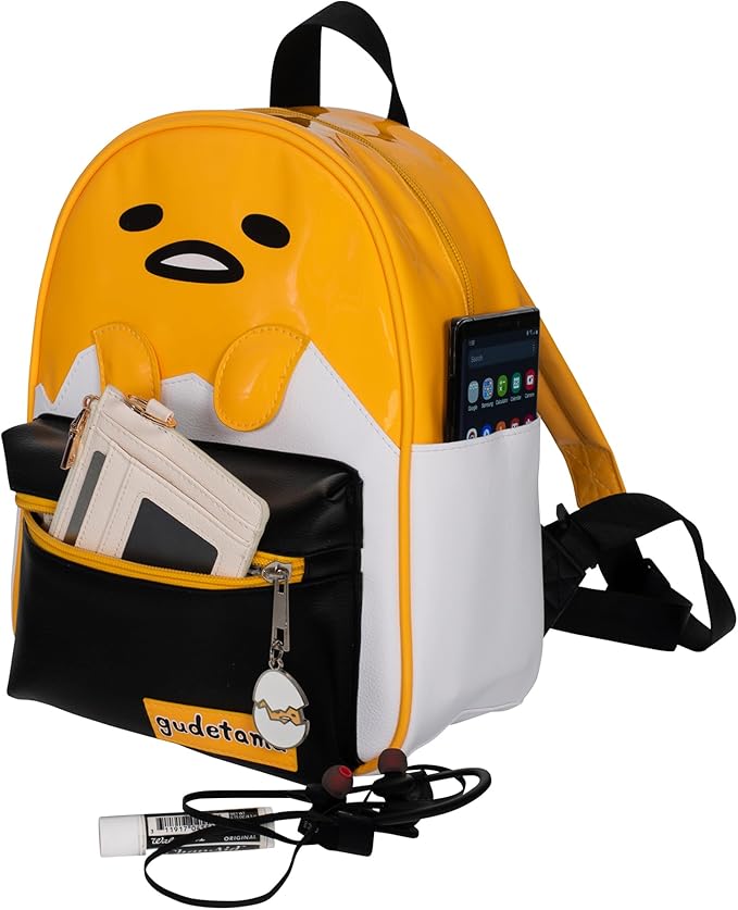 AI ACCESSORY INNOVATIONS Gudetama Big Face Mini Cosplay PU Backpack Purse, Sanrio Shoulder Bag with Epoxy Filled Metal Gudetama Charm, 10.5 Inch, Faux Leather