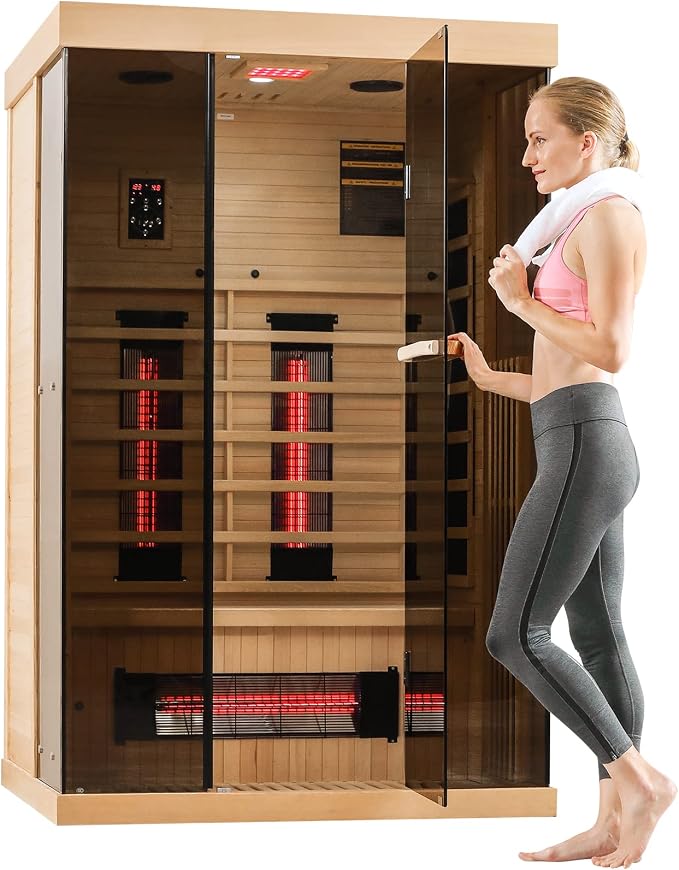 Infrared Sauna, 1-2 Person Home Sauna with 10 Minutes Warm-up Heater Tubes&Panels, Personal Sauna Spa Room for with 2-in-1 Door Handle, Canadian Hemlock and Panoramic Tempered Glass,120V