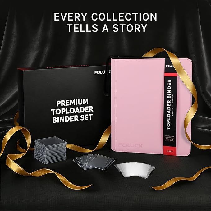 Foluck 9 Pocket Top Loader Binder, Holds 252 Toploaders, 200Pcs Top Loaders & Card Sleeves Included, Side-Loading Trading Card Binder, Premium Collection Album for Pokemon, MTG, Sports Cards (Pink)