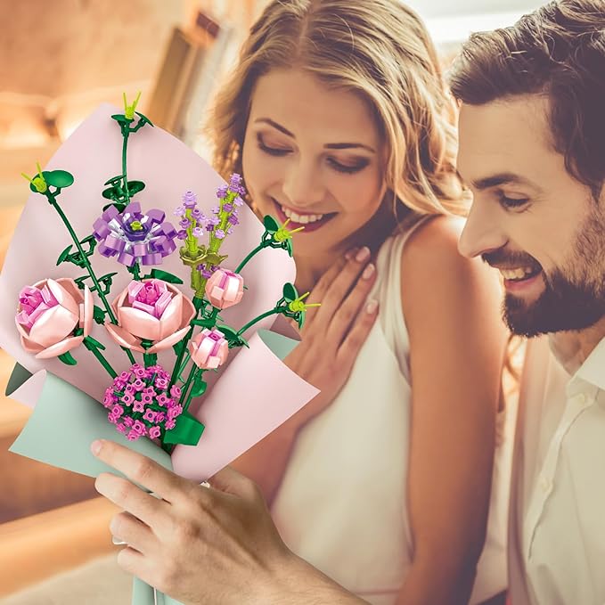 Flower Bouquet Building Blocks Pink Rose Botanical Collection Bricks Sets Creative Toys Kits Mother's Day Birthday for Adults Mom Girlfriends Old Kids 8-12, 6-12 (413PCS)