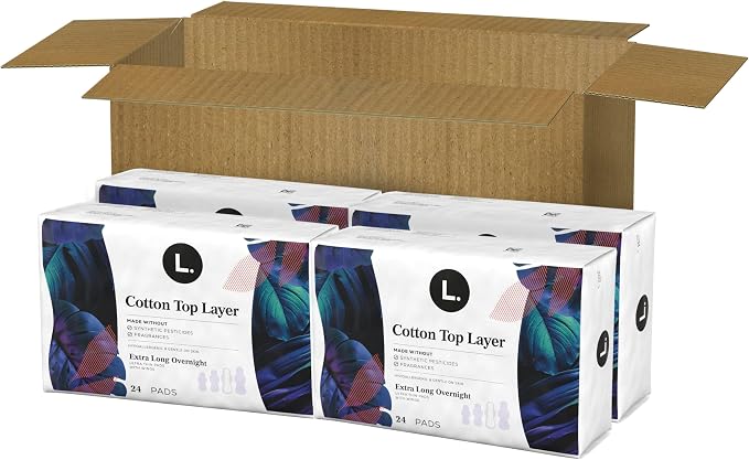 L. Ultra Thin Pads for Women, Overnight Absorbency, Organic Cotton Top Layer, Unscented Pads with Wings,96 Count (Pack of 2)