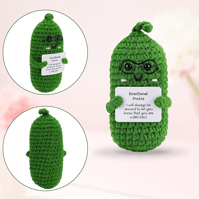 Hoedia Crochet Pickle Dolls Friend Birthday Valentines Gifts for Her Women Wife Girlfriend Sister from Husband Men, Cute Funny Gifts for Coworkers Student Teacher Roommates (Pickle with Glasses)