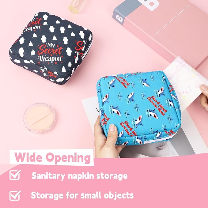 Sanitary Pad Storage Bag Portable Period Bag for Teen Pads/Sanitary Napkins/Small Tampons, Sanitary Napkin Storage Bag First Period Gifts for Teen Girls (Shark Week)