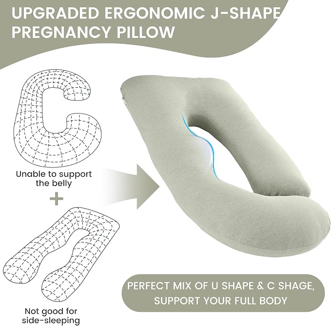 Jcickt Pregnancy Pillow for Sleeping,59 inch Maternity Pillow with Removable Washable Cover,J-Shaped Cooling Full Body Pregnant Pillow -Support for Backs,Legs, Belly, HIPS, Improve Sleep -Pea Green