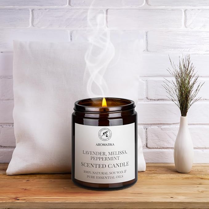 Scented Candle with Essential Oils - Lavender/Lemon Balm/Peppermint - Soy Wax Candles - Aromatherapy Candle - Soywax 150g - Up to 45 Hours Burn Time - Home Scented Candles - Glass Candle Gift
