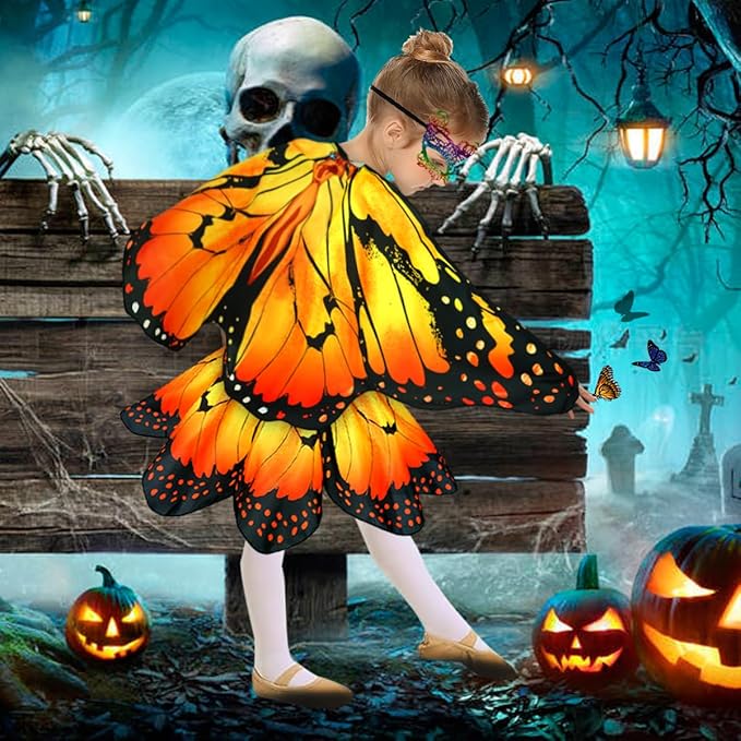 Kids Butterfly Wings Costume for Girls Fairy-Wings Toddler Dress Up Play Costumes Butterfly Skirt Set Mask Party Favors Gifts(Orange+skirt sets)