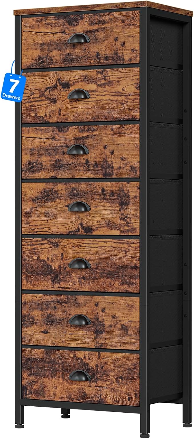 Dresser for Bedroom, 7 Drawers Tall Chest of Drawers | Rustic Brown Storage Organizer, Fabric Bins, Metal Frame, Wood Desktop, Dorm Vertical Closet,Bedside Furniture in Living Room