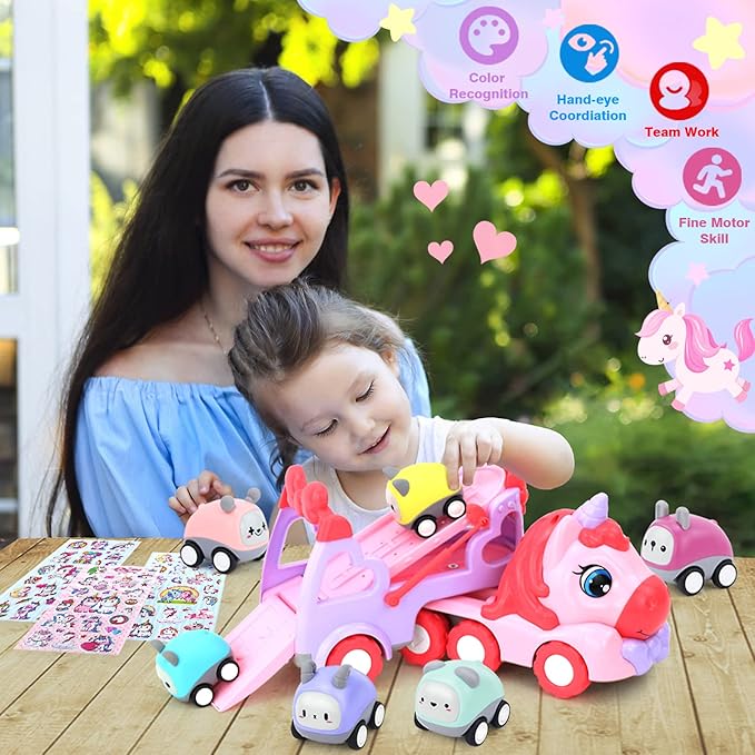 7 in 1 Carrier Truck Cars for Toddlers 1-3,Unicorn Car with Lights & Music,Toddler Girl Toys Age 2-4,Toys for 1 2 3 Year Old Girl Gifts Birthday for Baby Girls