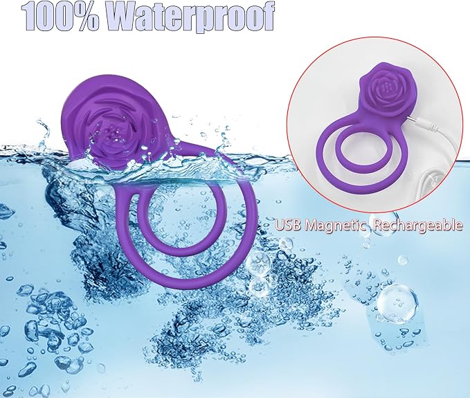 Vibrating Cock Ring with Rose Clitoral Stimulator, Pleasure Penis Ring Vibrator Couples Adult Sex Toys for Men Women, 7 Vibrations Male Couple Sex Toy Clitoris Vibrator, Cock Rings Vibrators for Men