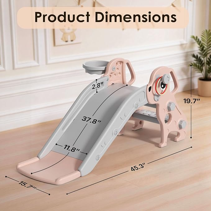 BIERUM Toddler Slide, 4 in 1 Kids Slide for Indoor Outdoor, Slide with Basketball Hoop & Ring Toss, Puppy Shaped Playset for Toddlers Age 1-3, Pink Gray