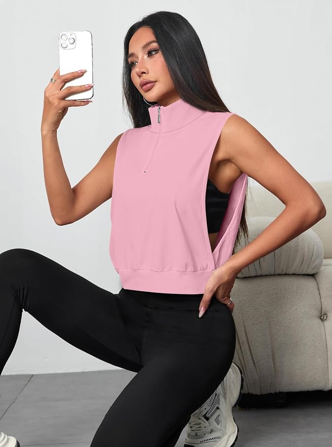 Avanova Women Sleeveless Golf Shirt 1/4 Zip Workout Tank Top | Open Side, Polo Collared, V Neck, Cropped Length, Golf Tops, Athletic, Relaxed Fit, Stretchy, Lightweight