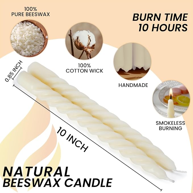 16PCS 10-Inch Pure Beeswax Spiral Taper Candles, Twisted Stick Candles, Dripless & Unscented for Weddings, Christmas, Dinner, Meditation - White
