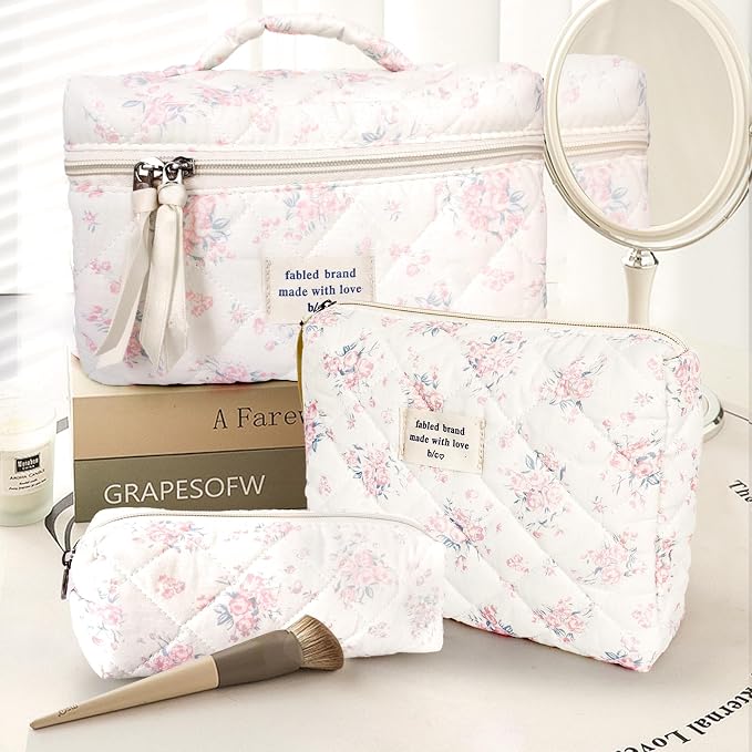 GISMTR 3Pcs Cotton Quilted Makeup Bag Large Travel Cosmetic Bag Coquette Makeup Pouch Cute Aesthetic Floral Toiletry Bag for Women Girls (flower-S)
