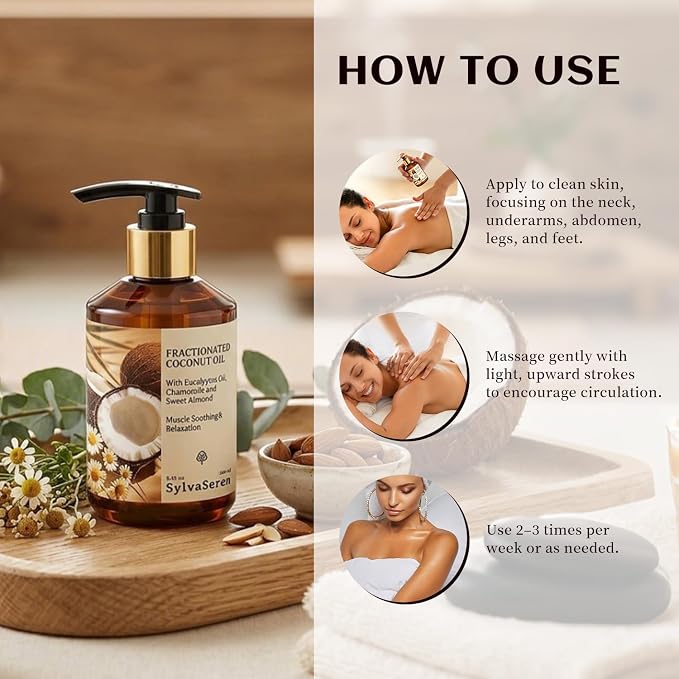 Organic Fractionated Coconut Oil Body Massage Oil with Sweet Almond & Chamomile – Lightweight, Non-Greasy, Relaxing Muscle Massage & Skin Moisturizer, 250 ml / 8.45 oz