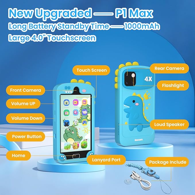 Kids Smart Phone for Boys, 4.0" Touchscreen Dual Camera Cell Phone,Toddler Preschool Learning Educational Toys Dinosaur Birthday Gifts for Age 3 4 5 6 Year Old, Music Player, Puzzle Games, 32GB(Blue)