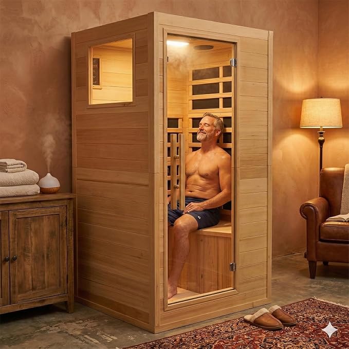 1 Person Low EMF Far Infrared Sauna, Natural Spruce Wood Compact Home Sauna, 1200W 110V, Bluetooth & Reading Light, 6mm Tempered Glass, Small Space Personal Sauna