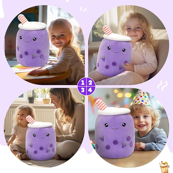 Athoinsu Purple Grape Boba Tea Plush Pillow 20'' Giant Kawaii Stuffed Bubble Animal Toy Birthday Christmas Holiday Valentines Gifts for Kids,Girls,Boys