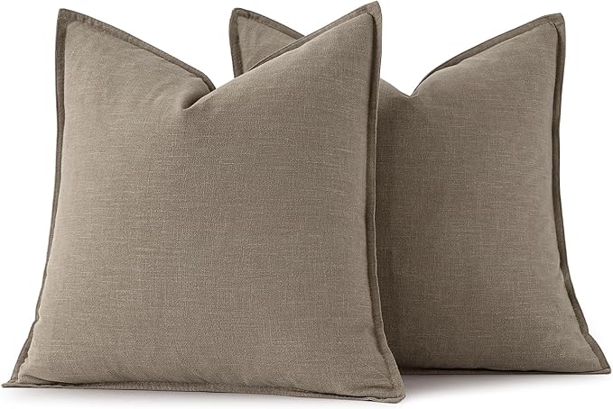 MIULEE Decorative Linen Euro Sham Pillow Covers 24x24 Inch Tan Taupe | Boho Farmhouse Neutral Couch Throw Pillows for Bed, Pack of 2 Accent Modern Pillowcases, Sofa Livingroom Home Decor