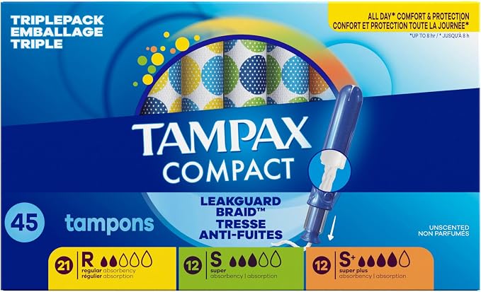 Tampax Compact Pearl Tampons for Women Multipack, with LeakGuard Braid & Extendable Applicator, Regular/Super/Super Plus Absorbency, Compact Extendable Applicator, Unscented, 45 Count