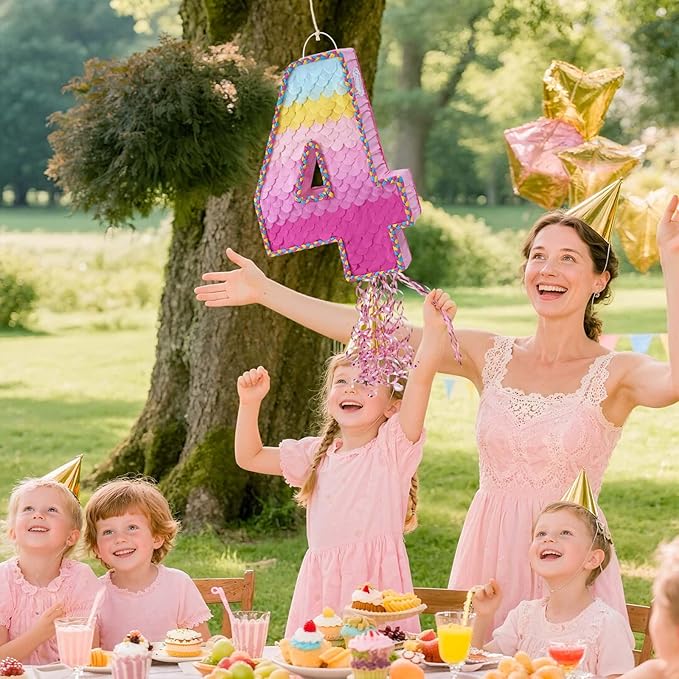 WERNNSAI Pink Sweet Four Pinata - Number 4 Pinata Happy Birthday Decoration Pink Rainbow Design Party Games for Girl Princess Baby Shower Party Favor with Blindfold Anniversary Celebration Supplies
