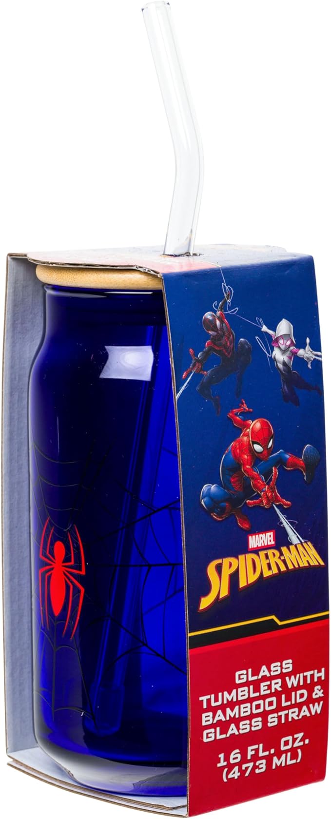 Silver Buffalo Marvel Spider-Man Spidey Spider Web Logo Glass Jar Tumbler with Bamboo Lid and Glass Straw, 16 Ounces