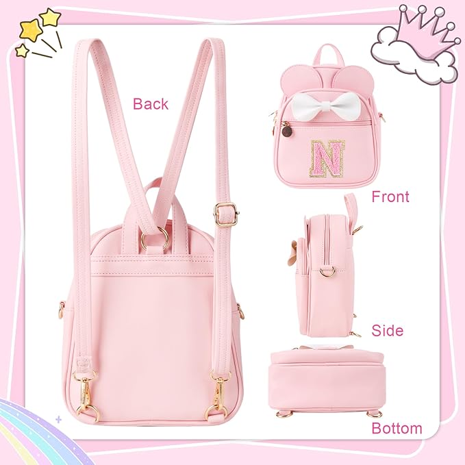 Personalized Toddler Backpack for Girls 3โ10, Cute Mini Bowknot Mouse-Ear Toddler Bookbag Crossbody Purse, Small Daypack Wallet Set, Initial Birthday Gift, Trendy Little Kids/Teen Bag(Pink,N)