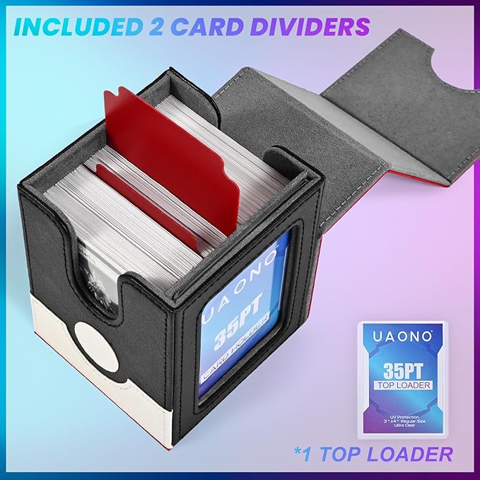 UAONO Card Deck Box with MTG Commander Display, Deck Case Holds 100+ Double-Sleeved Cards, Trading Card Storage Box Fits TCG/PTCG/Sports Card with 2 Dividers, 1 Top Loaders (Red, White)