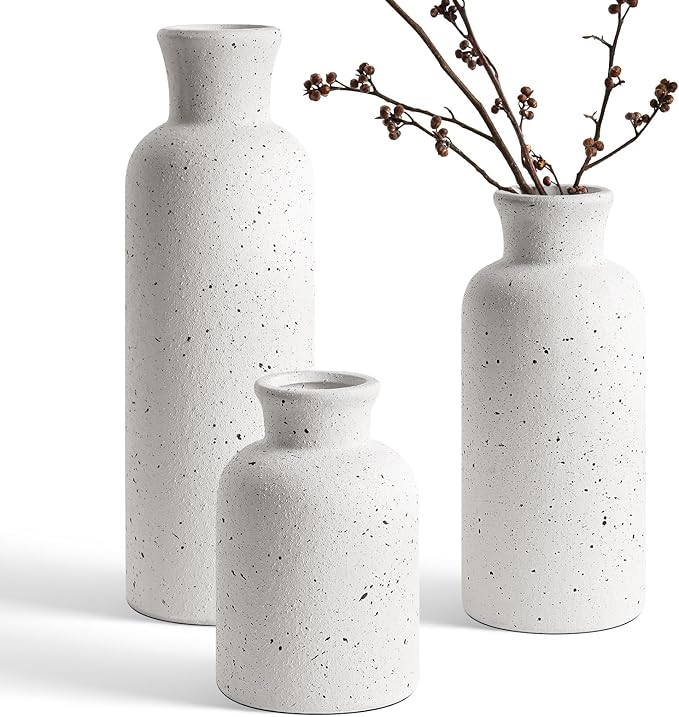 LE TAUCI Ceramic Vase Set of 3, Matte Flower Vases for Fresh or Dried Flowers, Modern Farmhouse Home Decor for Coffee Table, Mantel, Shelf, Entryway, Speckled White