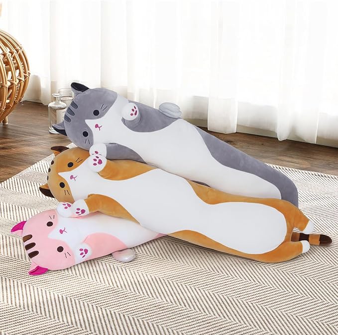 Soft Cat Plush Pillow, Grey Long Cat Stuffed Animals Soft Long Kitten Plushies Kawaii Cat Stuffed Plush Toy for Kids Girlfriend(50cm/19.6inch)