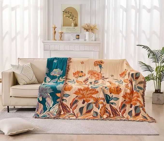 Boho Throw Blanket for Bed 100% Cotton Bohemian Blankets Ultra Soft Woven Muslin Decorative Blankets All Seasons Vintage Quilt Knitted Blanket for Sofa Chair(Orange, 90"x98")