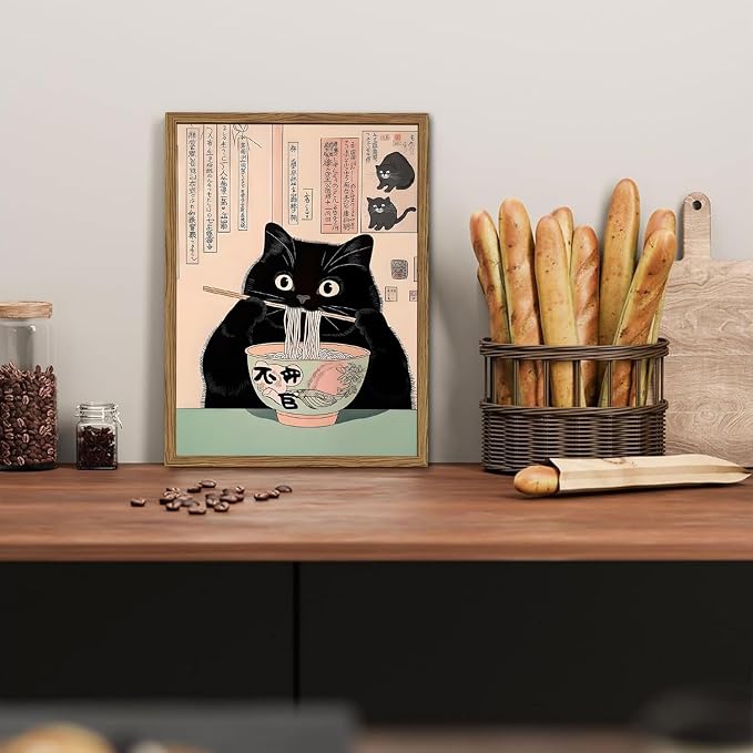 Funny Japanese kitchen Black Cat Wall Art, Whimsical Cat Eating Noodles Wall Decor Painting, Cute Animal Canvas Poster Eclectic Pet Dining Room Prints Artwork Wood Framed 12x16 inch