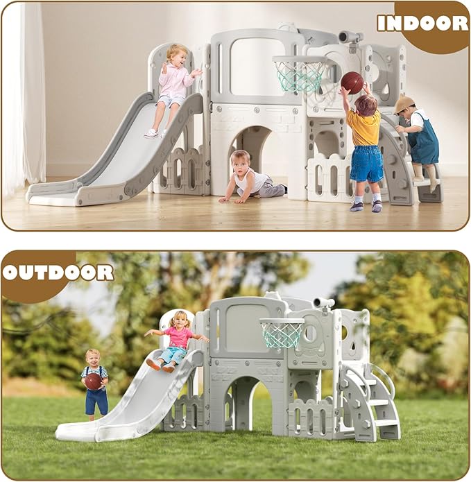 Glaf Toddler Slide 9 in 1 Outdoor Playset Indoor Playground Kids Slides for Toddlers 1-3 Baby Toys with Climber Basketball Hoop Drawing Board and Storage Space (Grey)