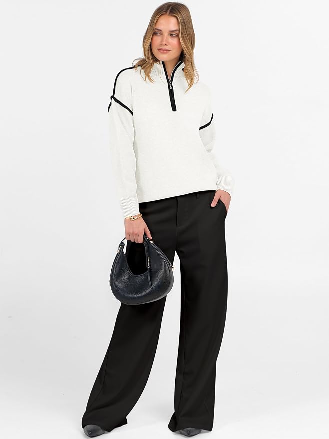 ANRABESS Womens Quarter Zip Sweaters Fall Long Sleeve V Neck Shirts Collared Business Casual Tops Knit Pullover Sweatshirts