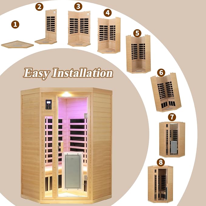LTCCDSS 2-3 Person Corner Sauna, 8 Ultra Low EMF (0-5mG) Heaters, 1670W Hemlock Infrared Sauna, 1 Outdoor Lamp, 3 Color Lamps, 2 Read Lamps, 2 Bluetooth Speakers