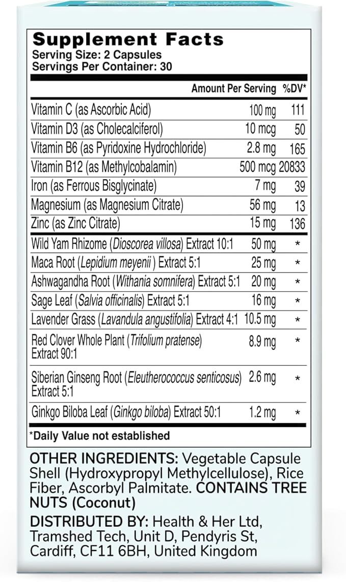 Health & Her Perimenopause Supplement for Women – The UK’s No.1 Perimenopause Supplement - Multi-Nutrient Wellbeing Support for Early Stage of Menopause, Vegan, Gluten-Free, Non GMO (60 ct - 1 Month)