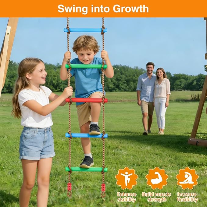 Climbing Rope Ladder for Kids, Wooden Ninja Tree Ladder Swing Set for Boys & Girls, Kids Ninja Warrior Obstacle Course Accessories for Tree House, Playground, Play Set