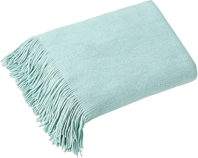 Homiest Light Green Knitted Throw Blanket with Fringe, 50x60 Inch | Pure Acrylic, Lightweight & Breathable, All-Season Use, Machine Washable, Wrinkle & Fade Resistant, for Couch Sofa And Bed