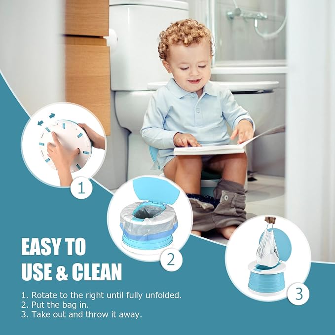 Portable Potty for Toddler Travel Foldable Potty Seat for Toddler Training Toilet for Kids Boys Girls Car On The Go Potty Travel Toilet Chair for Camping Park Indoor/Outdoor (Blue)