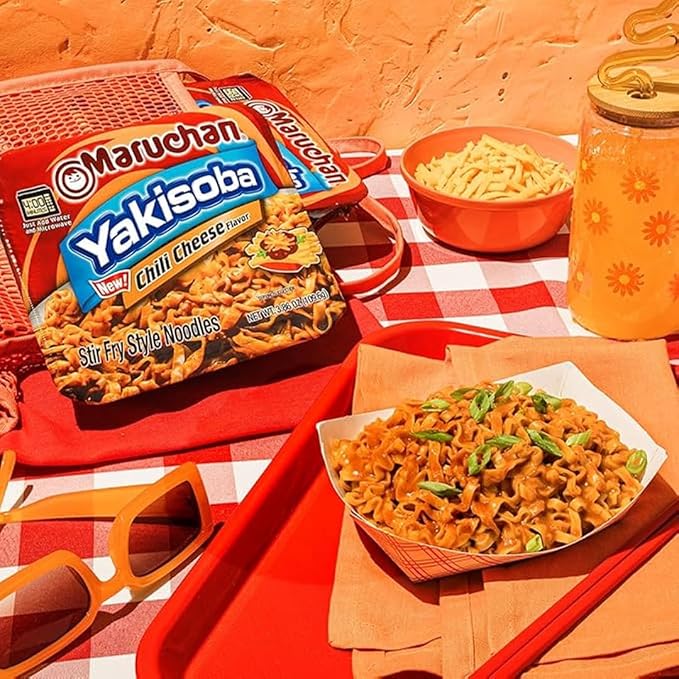 Maruchan Yakisoba, Chili Cheese Flavor – Stir-Fried Japanese Instant Ramen Noodles, High Protein Microwavable Meal – 3.86 Oz. (8 Pack)
