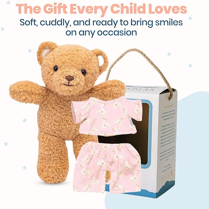 Zip N' Bear Soft Plush Teddy Bear Stuffed Animal with Swan Slumber Pajamas - Zippy The Bear Cute Cuddly Plush Toy, Perfect Sensory Teddy for Kids, Toddlers - Adorable Gift & Bedtime Companion