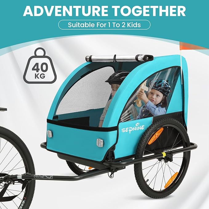 Sepnine Kids Bike Trailer, Suitable for 1 to 2 Children, Double Seat, Universal Coupler, Foldable, Canopy with Bug Screen and Weather Shield, with 5-Point Harness and Storage Bags