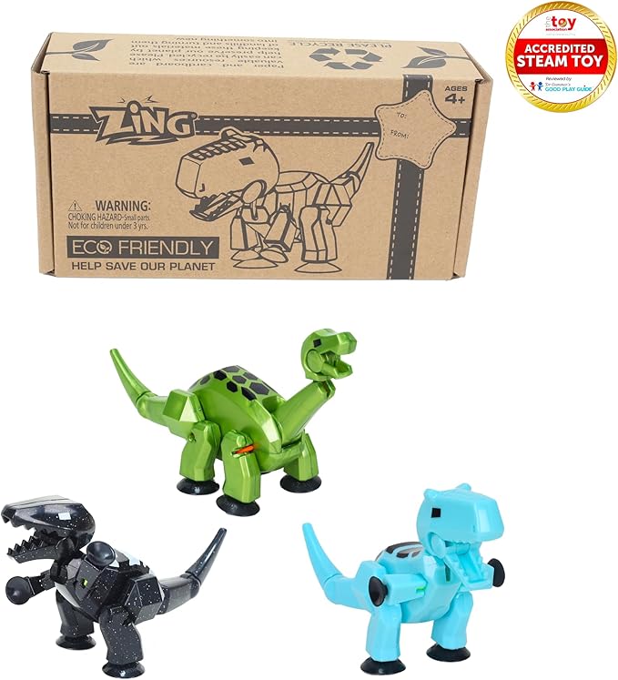 Zing Stikbot MEGA Dino 3 Pack - Includes Brontosaurus, T-Rex, and Carnotaurus, Create Stop Motion Animation, for Ages 4 and Up (Ice Blue, Space Black, Metallic Red)