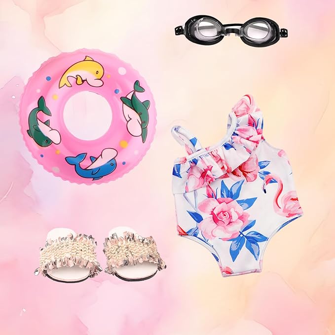 Doll Swimsuit Set for 18-Inch Doll, 7 Pcs Doll Swimming Accessories, 18-Inch Doll Bathing Suit Set, Fashion Doll Water Play Set, Doll Swimsuit, Goggles, Flip-Flops and Inflatable Swim Ring