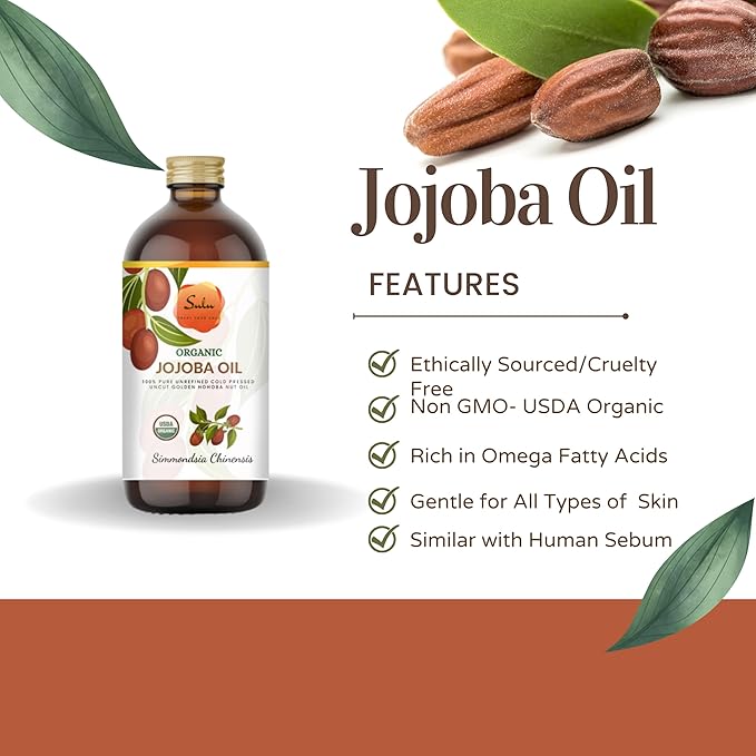 SULU ORGANICS Jojoba Oil- USDA Organic Cold Pressed Unrefined Golden Hohoba Nut Oil (4 oz)