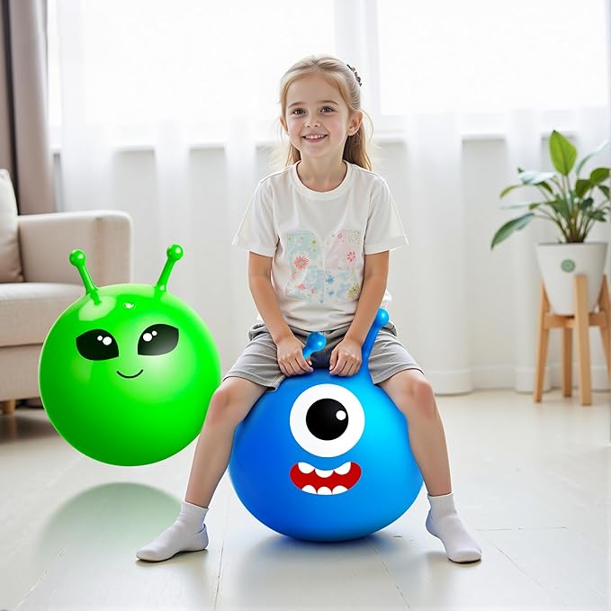 ZOOJOY Hopper Ball 2 Pack, 18In Bouncy Ball with Handle, Horn Hop Balls for Kids Ages 3-8, Alien & Blue Monster Hopping Toy Gifts for Boys & Girls, with Pump for Indoor Outdoor Play